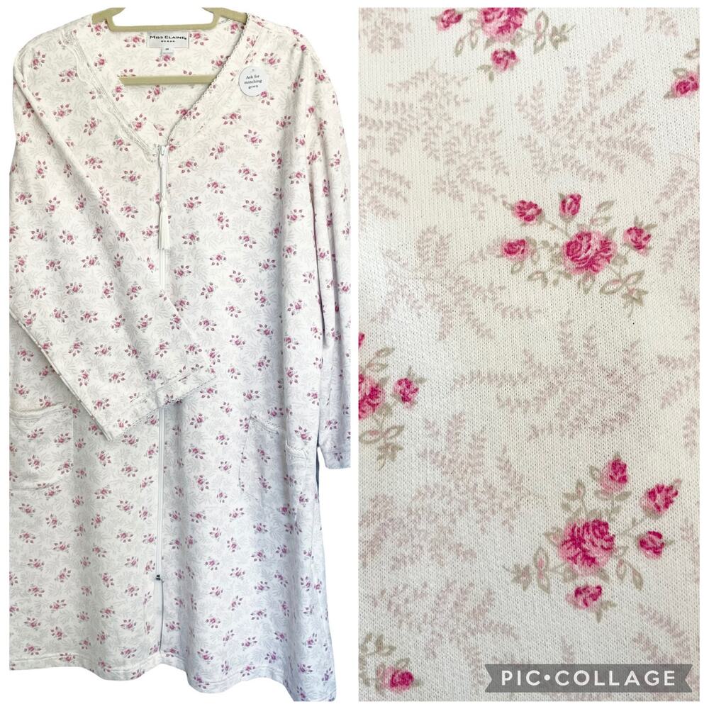NEW Miss Elaine Cream Pink Roses Print Terry Knit Robe Size 3X Full Zip Cottage